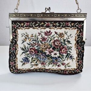 Vintage Tapestry Bag Floral Needlepoint Structured Chain Strap Small Purse